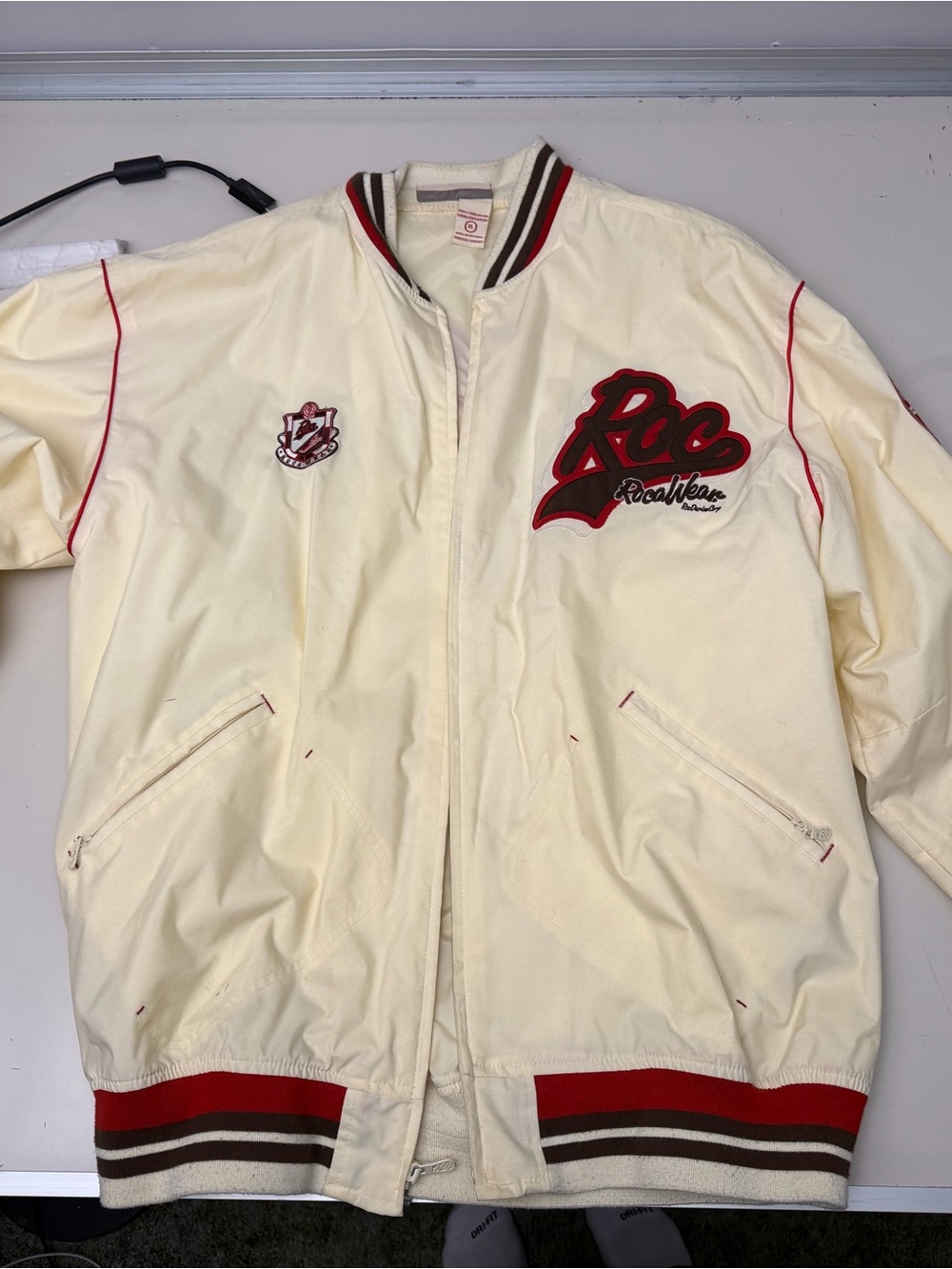 Cream and Red Varsity-Style Men's Jacket XL